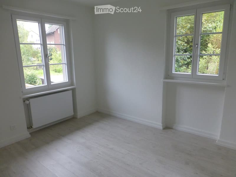 Empty room with light-colored wooden flooring, white walls, and large windows with white frames. A radiator is visible under one window.