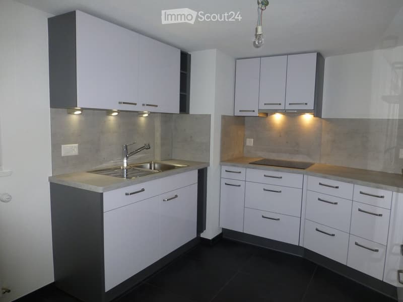 Modern kitchen with white cabinets, stainless steel sink, and sleek countertops.