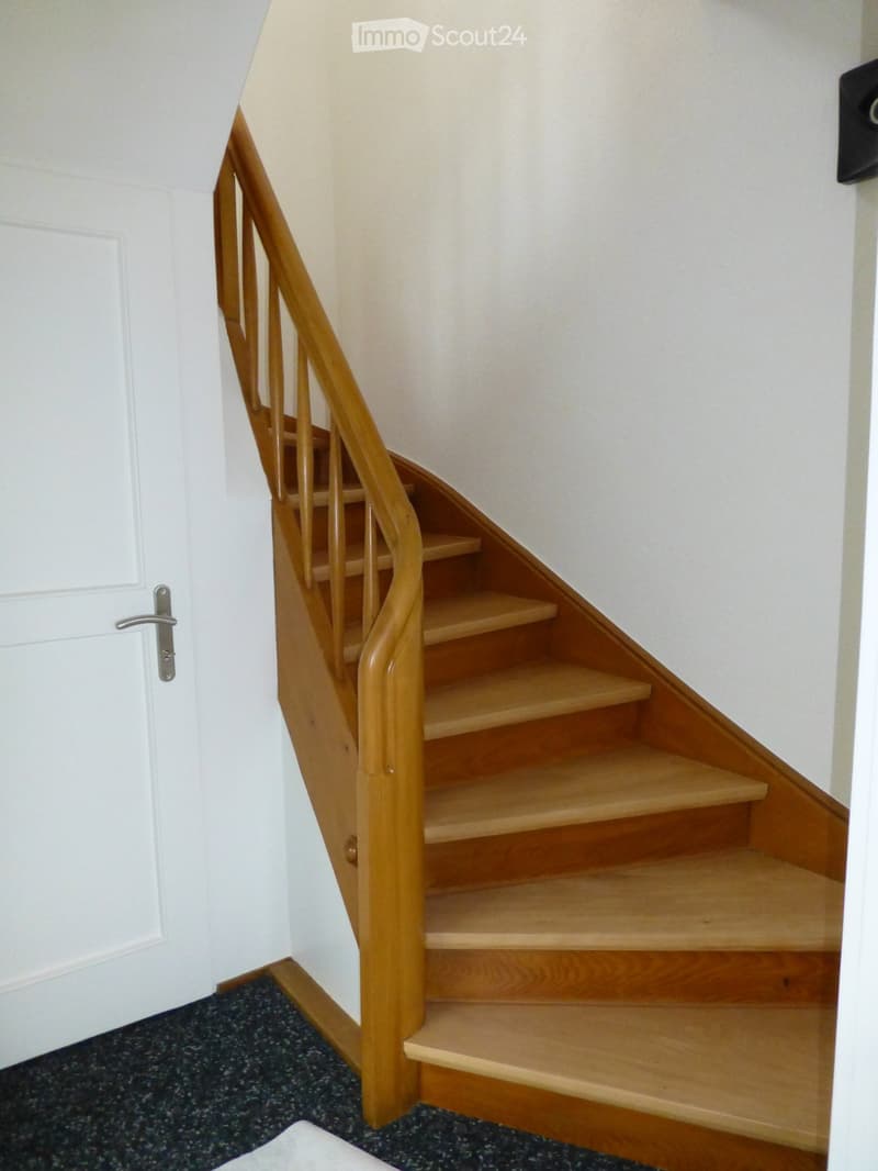 Wooden staircase with a handrail, carpeted floor, and white walls.