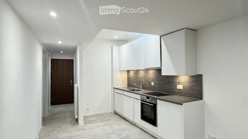 Modern kitchen with white cabinets, stainless steel sink, oven, and sleek countertops.