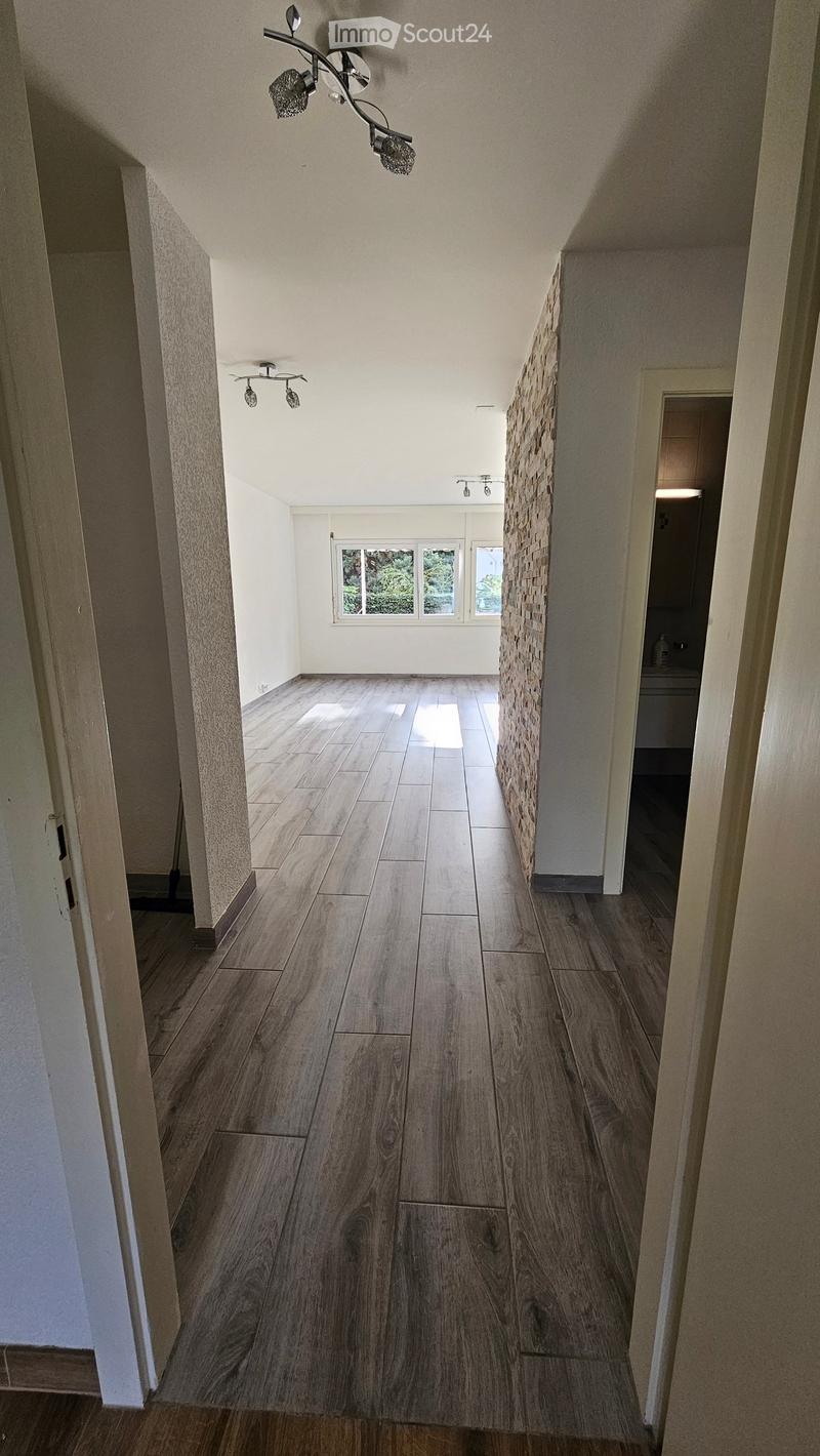 Spacious hallway with wooden flooring, white walls, and modern lighting fixtures. Features a textured wall section and a window at the far end.