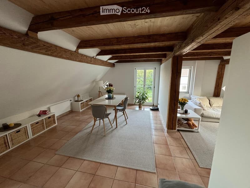 Cozy living space with exposed wooden beams, tiled floor, and large windows. Features a sofa, coffee table, dining table with chairs, side table with vase and flowers, storage unit with books, and a floor lamp.
