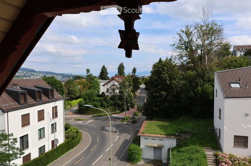 View from a balcony showing a quiet residential street with houses, trees, and a clear sky. The road curves gently, and there are streetlights and traffic signs visible.
