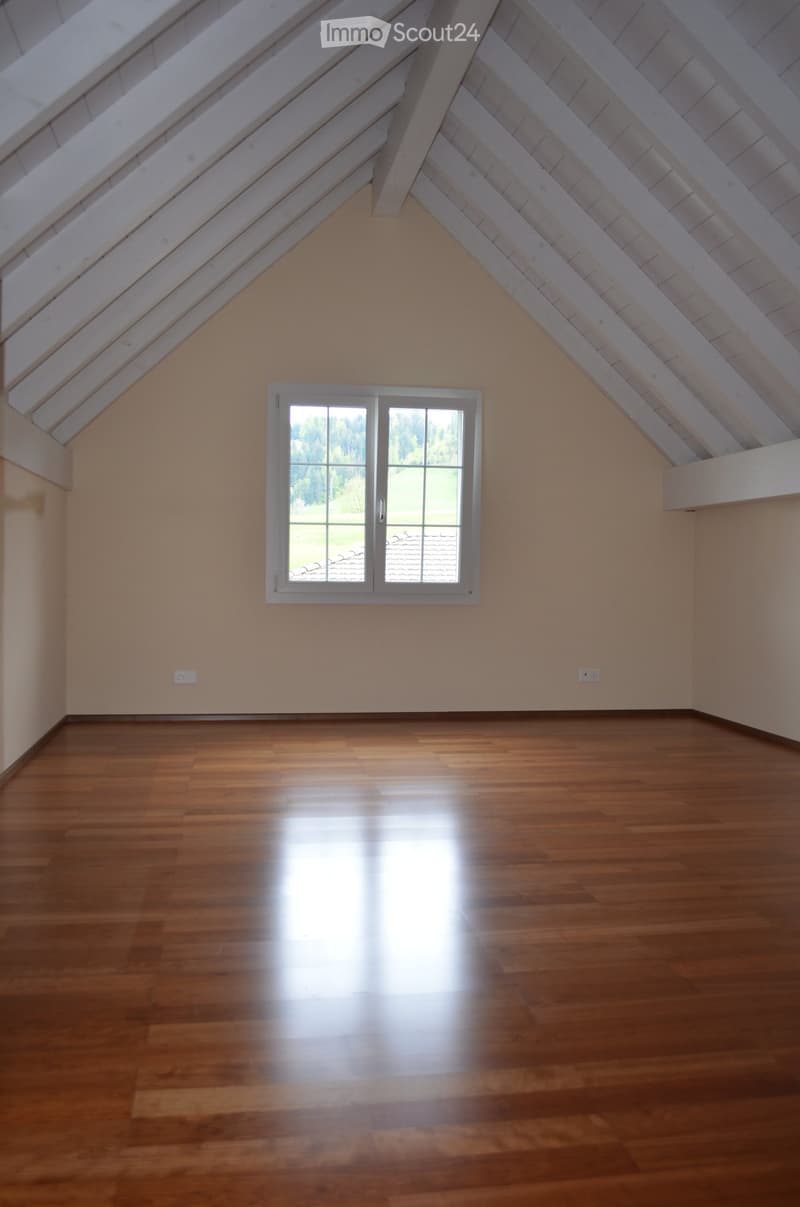 empty room, wooden floor, white ceiling, window with view