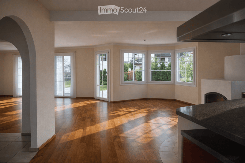 empty room, hardwood floors, large windows, fireplace