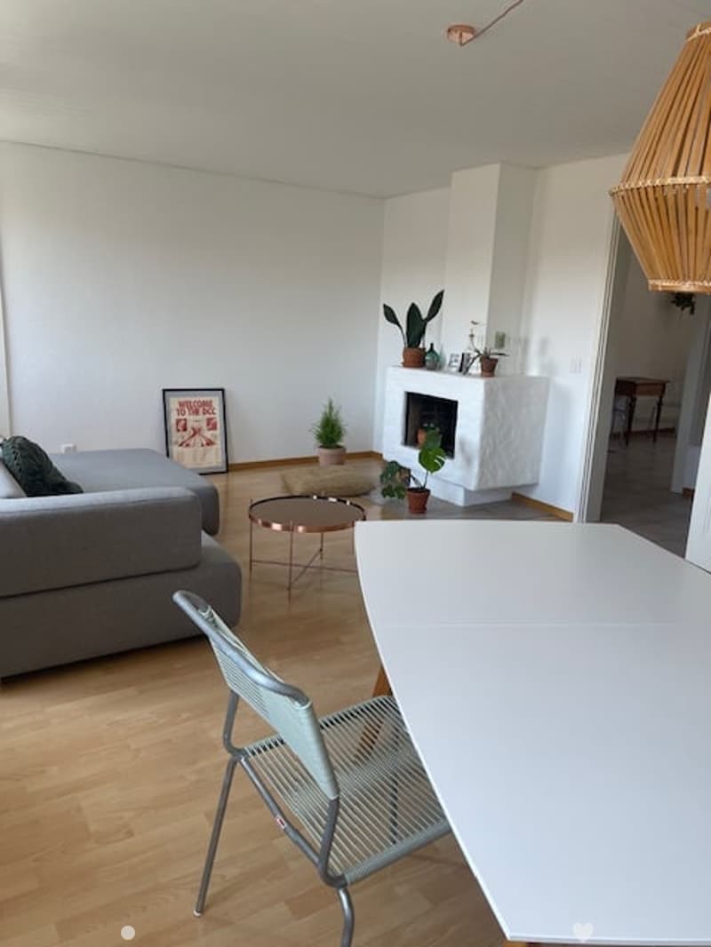 Modern living room with light-colored walls, wooden flooring, a grey sofa, a small coffee table, a fireplace, and a white dining table with a metal chair.