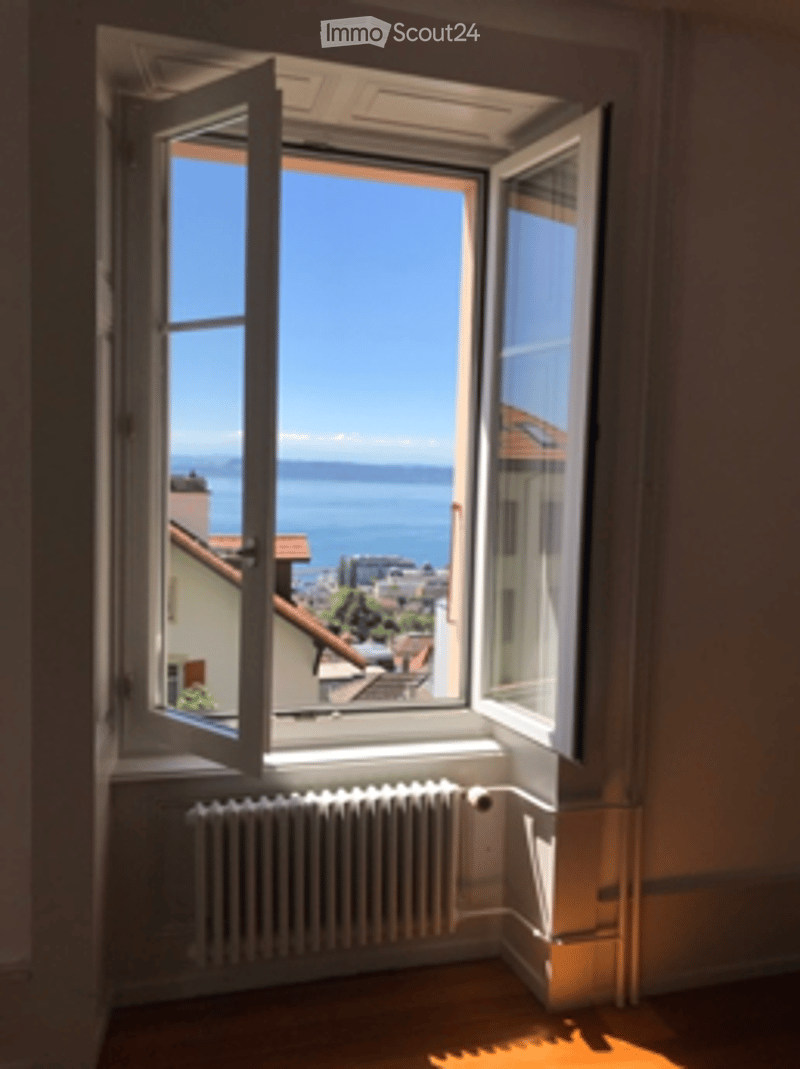 Empty room with large window offering a scenic view of a lake and surrounding rooftops. The room features a radiator below the window and wooden flooring.