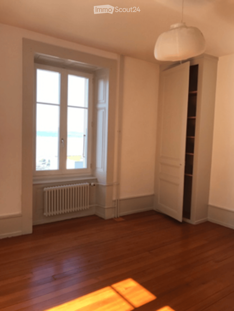 Empty room with wooden flooring, large window with view, radiator, open closet, and pendant light fixture.