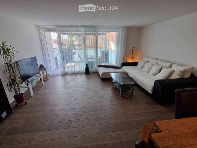 Balcony, large windows, TV, couch, coffee table, wood floor, decorative items