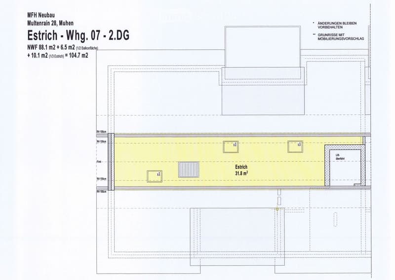 Living room, dining room, kitchen, 2 bedrooms, balcony, attic