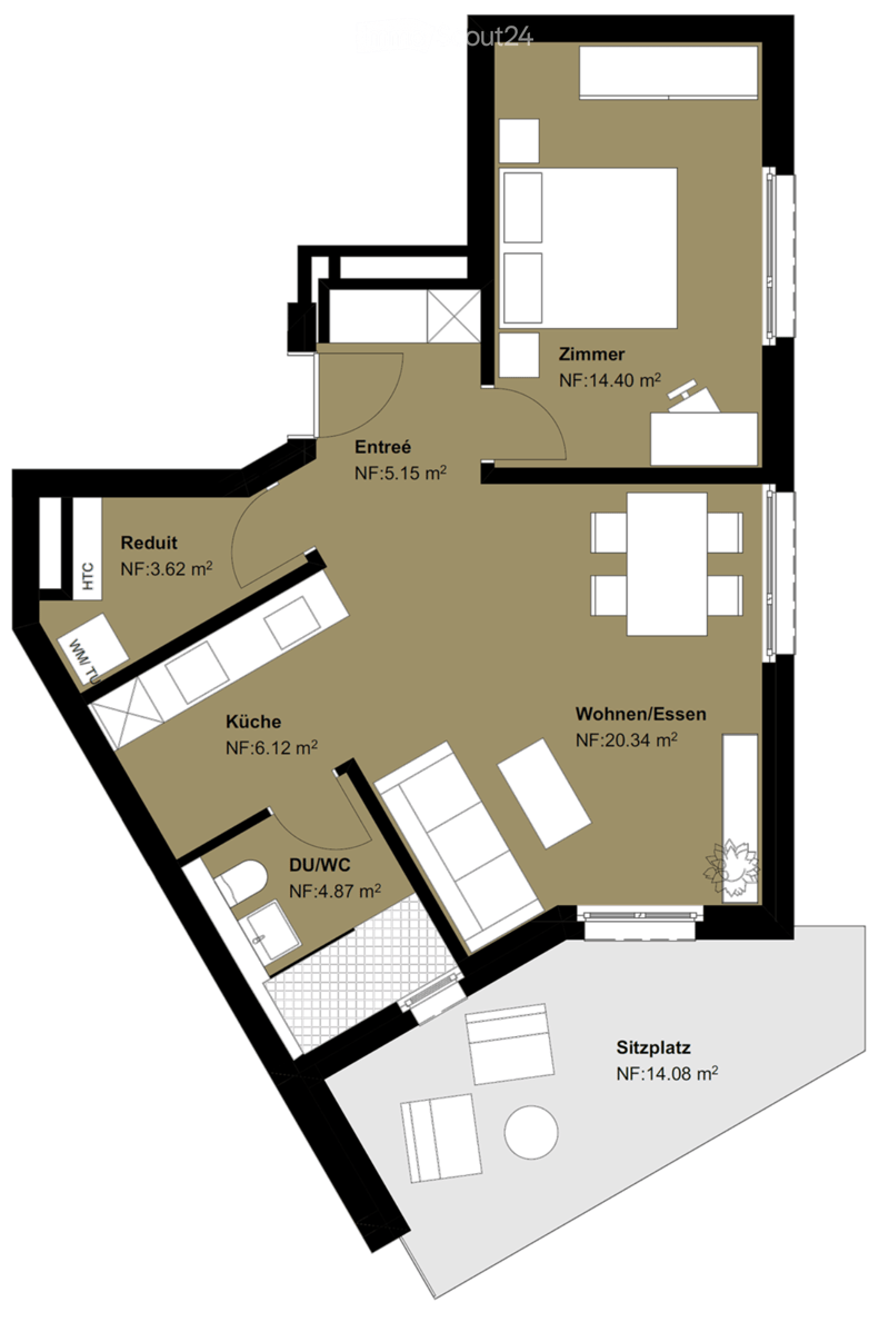 Layout of a compact apartment featuring a living/dining area, kitchen, bedroom, bathroom, hallway, and a small seating area.