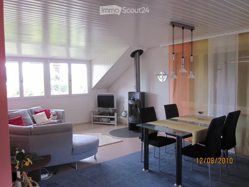 Modern living room with a grey sofa, ottoman, glass dining table, chairs, television, fireplace, and decorative items.