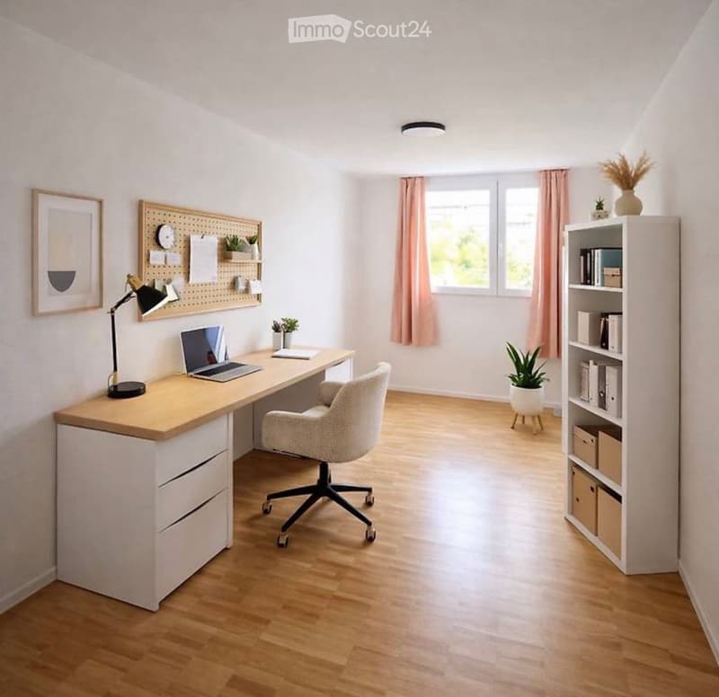 A modern, well-lit home office with a wooden desk, laptop, ergonomic chair, bookshelf, and decorative plants.