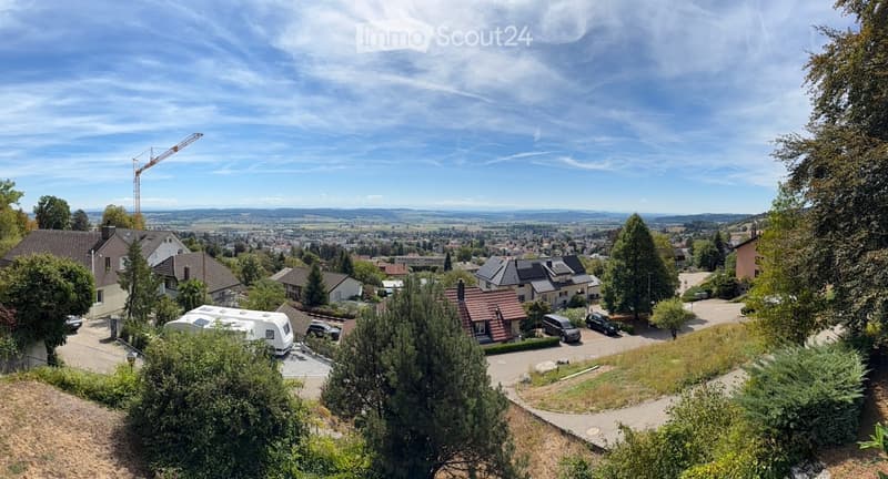 A panoramic view of a suburban neighborhood with houses, trees, and a distant cityscape under a clear blue sky.