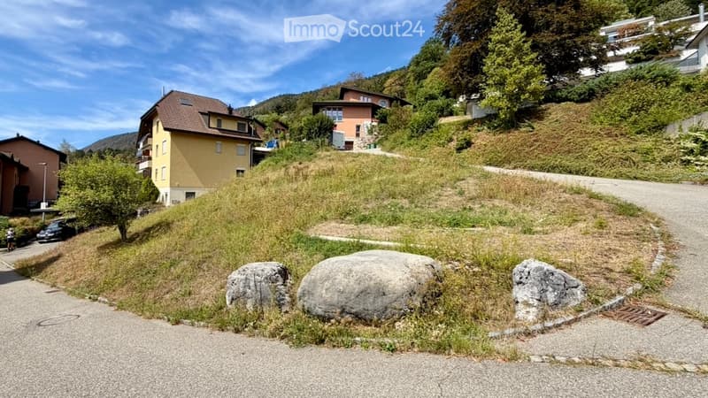 Residential area with multi-story houses, a raised ground floor, and a grassy slope with large rocks.