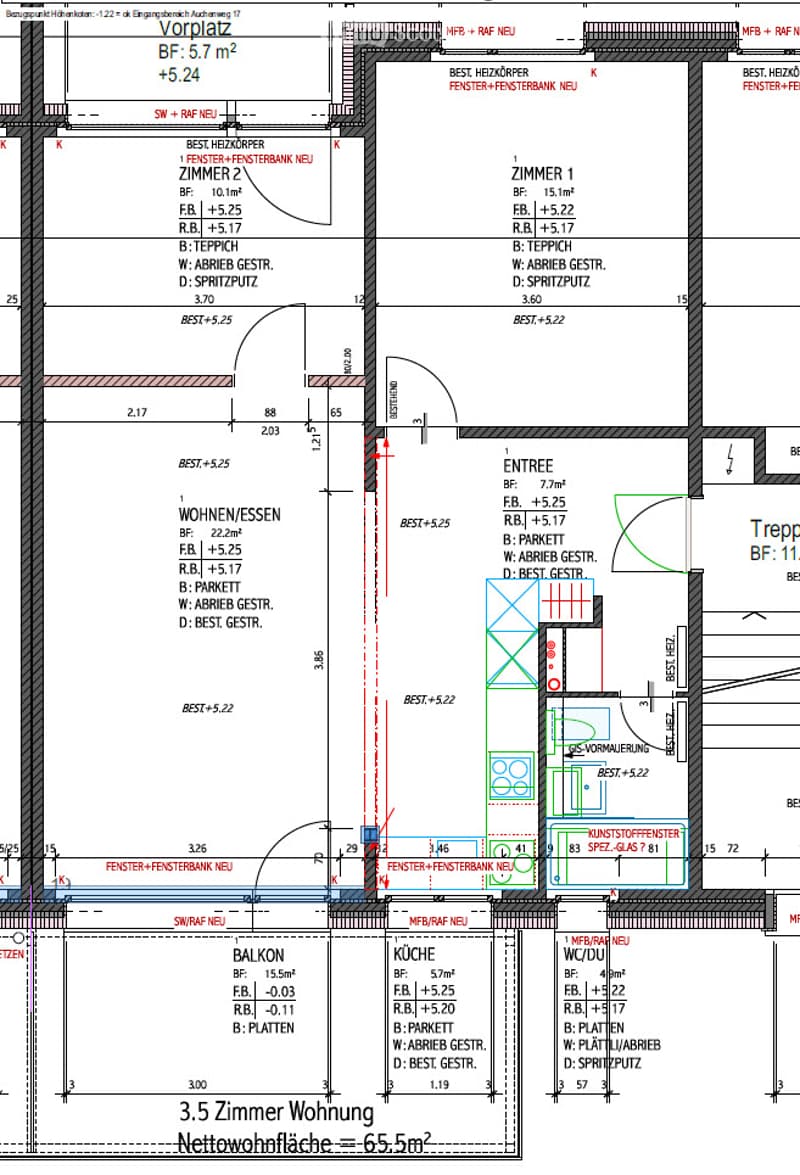 Floor plan of a 3.5-room apartment with a living/dining area, kitchen, bedroom, bathroom, and balcony.