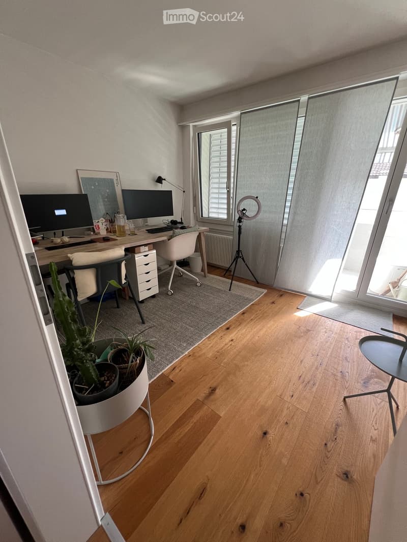 Modern, well-lit room with wooden flooring, large window, desk setup, and decorative plants.