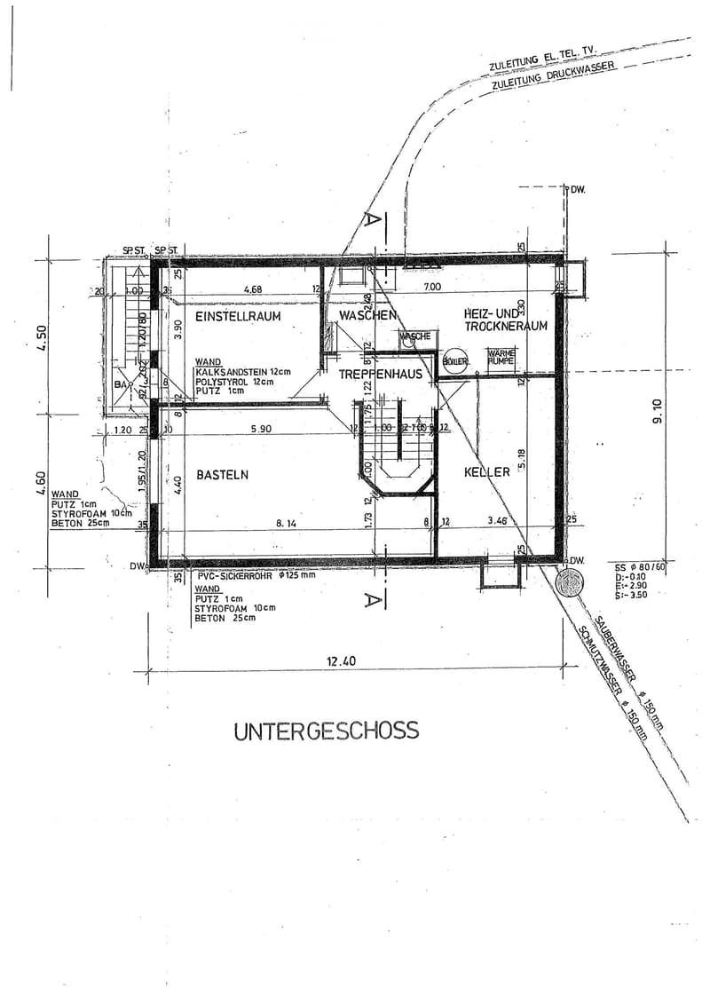 Floor plan of a basement level showing labeled rooms including a storage room, laundry area, heating and drying room, staircase, basement, and cellar. Dimensions and wall materials are indicated.