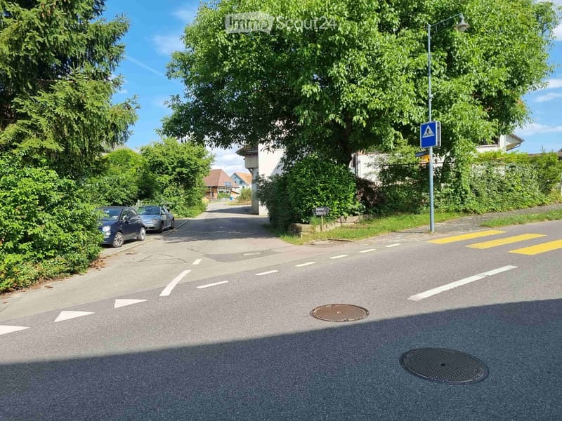 Residential street with parked cars, trees, and a pedestrian crossing sign.