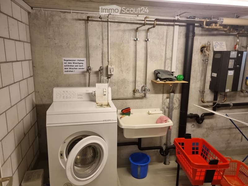 Utility room with a washing machine, sink, and various cleaning supplies.