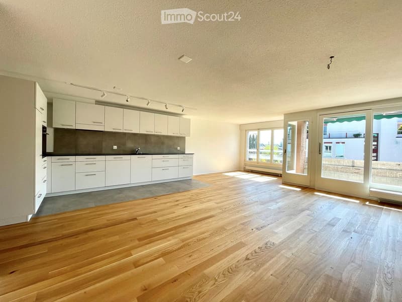 Bright, modern kitchen with white cabinets, wooden flooring, and large windows allowing natural light to fill the space.