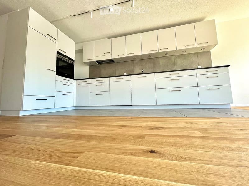 Modern kitchen with white cabinets, stainless steel handles, and a wooden floor.