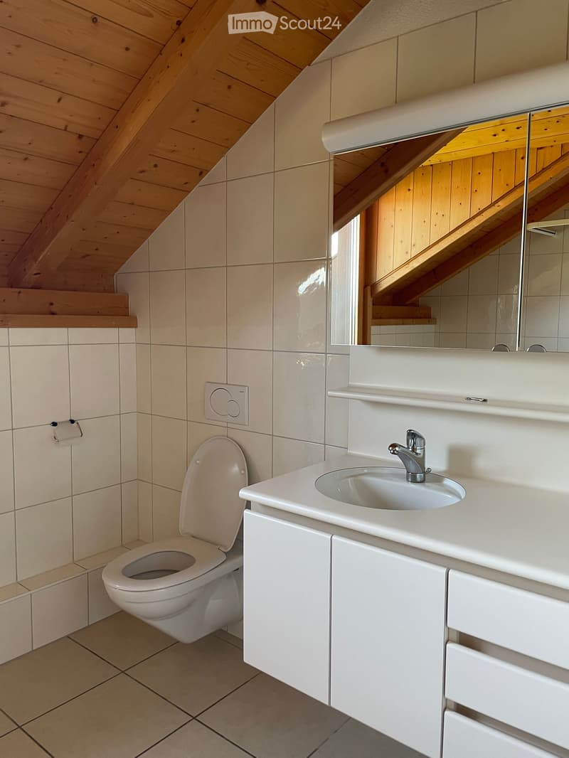 Modern bathroom with white tiles, a toilet, a sink with a chrome faucet, and a mirrored cabinet. Wooden slanted ceiling and built-in shelving.