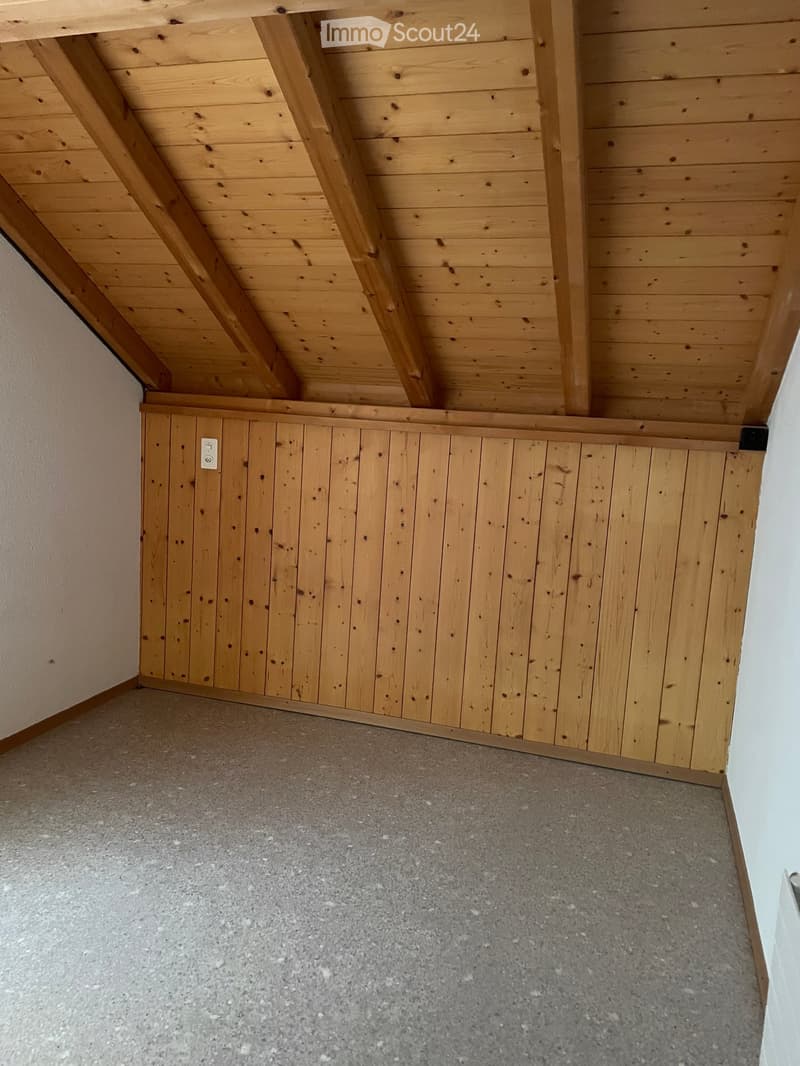 Empty room with wooden slatted ceiling and grey concrete floor, no furniture or equipment.