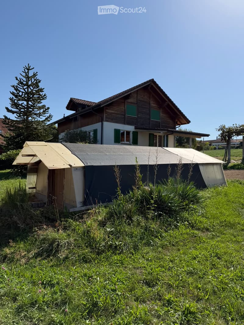 Two-story wooden house with green shutters and a pitched roof, surrounded by a grassy area with a small wooden structure in the foreground.
