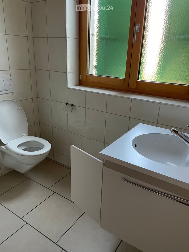 Modern bathroom with white tiles, a toilet, a sink with a faucet, and a cabinet under the sink. The window has frosted glass and wooden framing.
