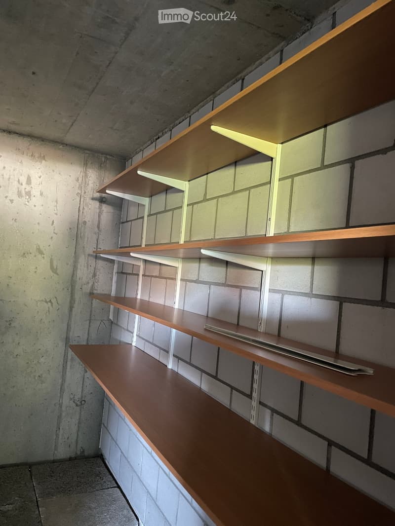 Empty room with exposed brick walls and wooden shelves attached to the wall. No furniture or personal items are present.