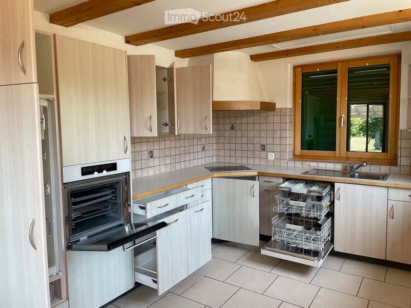 Modern kitchen with light wood cabinets, stainless steel appliances, and a large window. Features include an open dishwasher, oven, and sink.