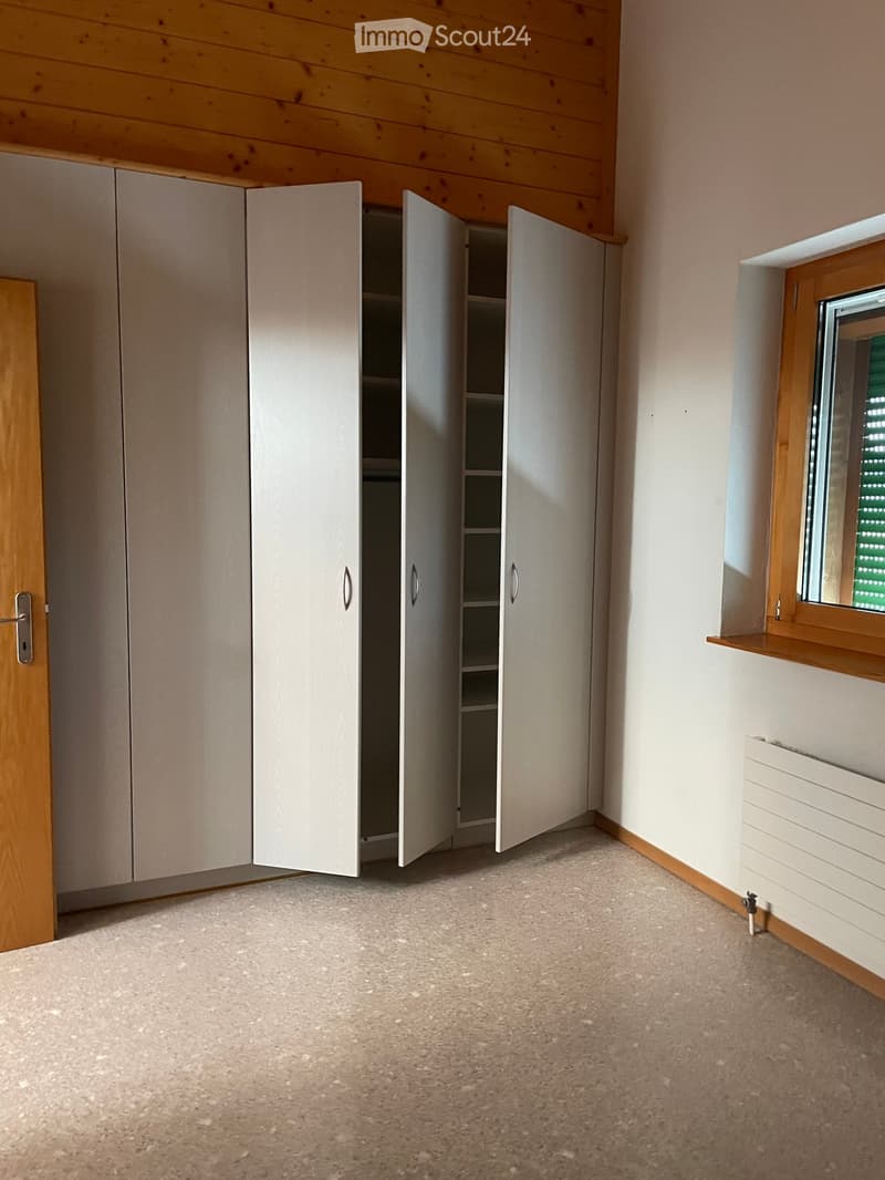Empty room with light-colored walls, carpeted floor, built-in white wardrobes, and a window with wooden frame and radiator below.