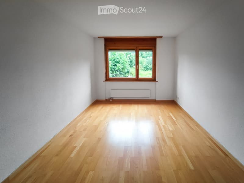 Empty room with wooden flooring, white walls, and a large window with wooden frame and radiator below it.