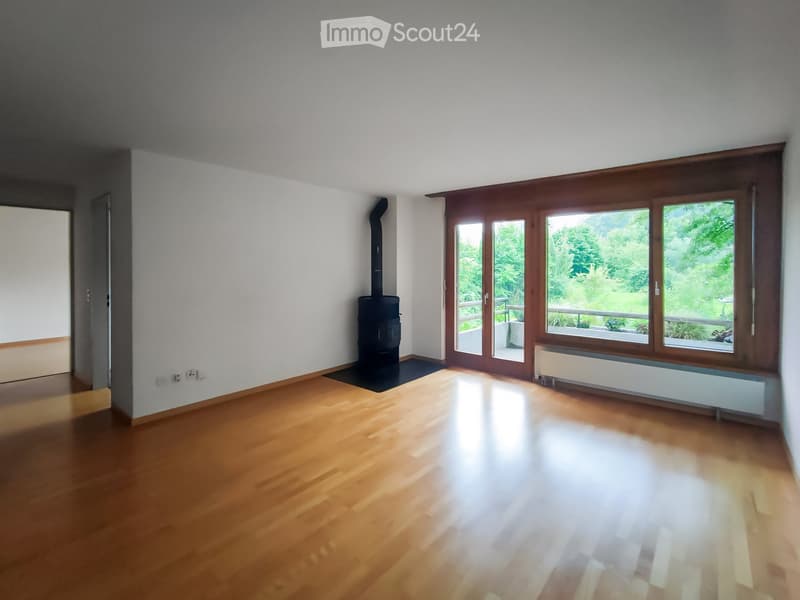 Empty room with wooden flooring, white walls, large windows with wooden frames, and a black wood-burning stove. The room has a door on the left and a radiator under the windows.