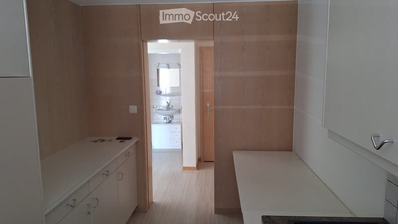 A narrow hallway with light wooden flooring and white walls, leading to a small bathroom with a sink, mirror, and white cabinets.