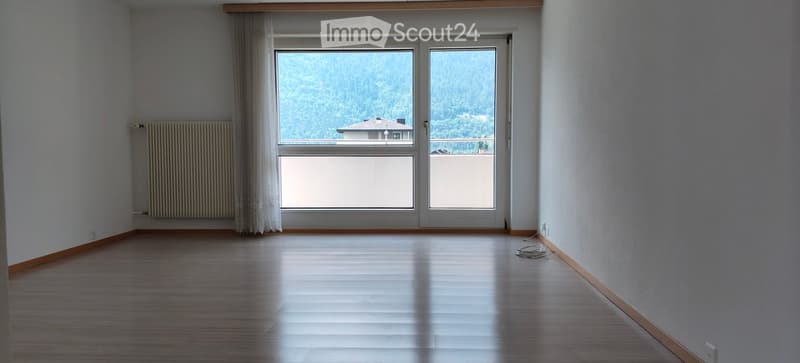 Empty room with wooden flooring, large windows, and a radiator on the wall.
