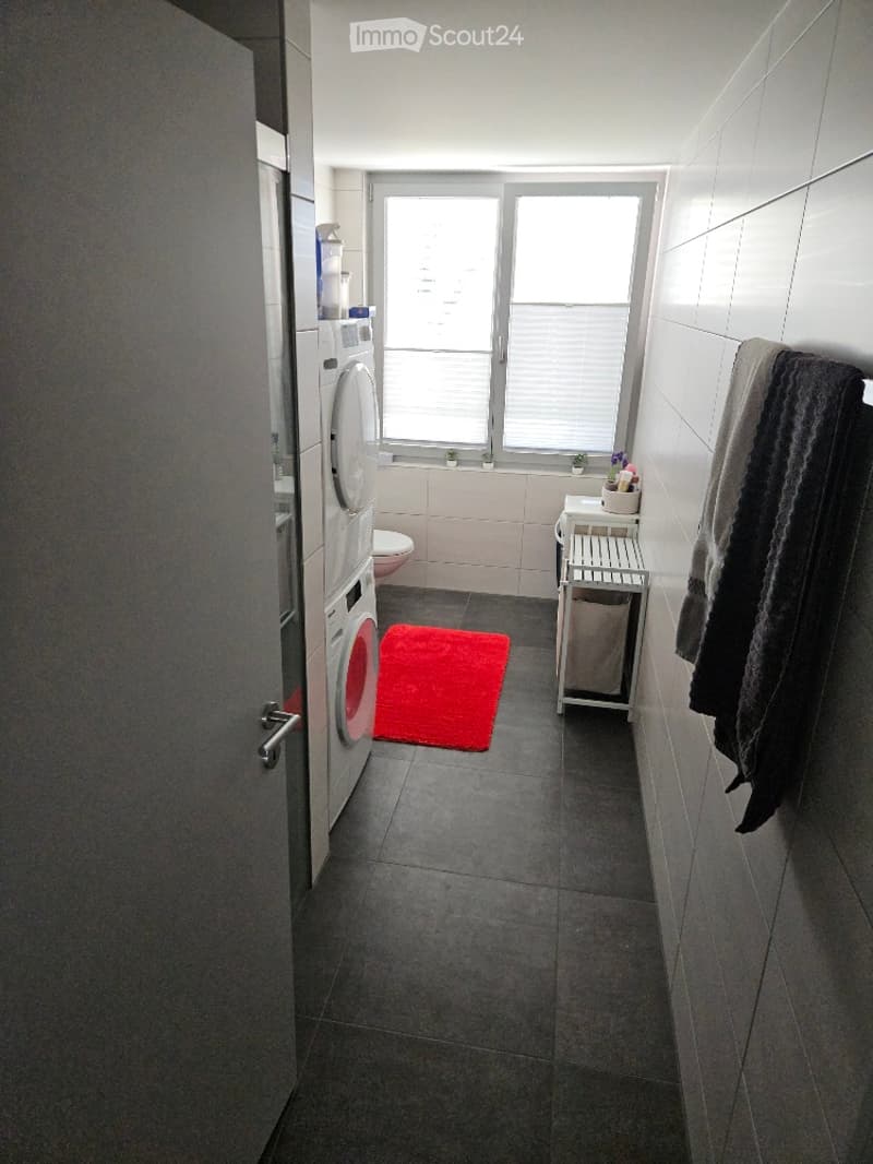 Bathroom with a washing machine, toilet, small table with a flower pot, and a red bath mat on the floor.