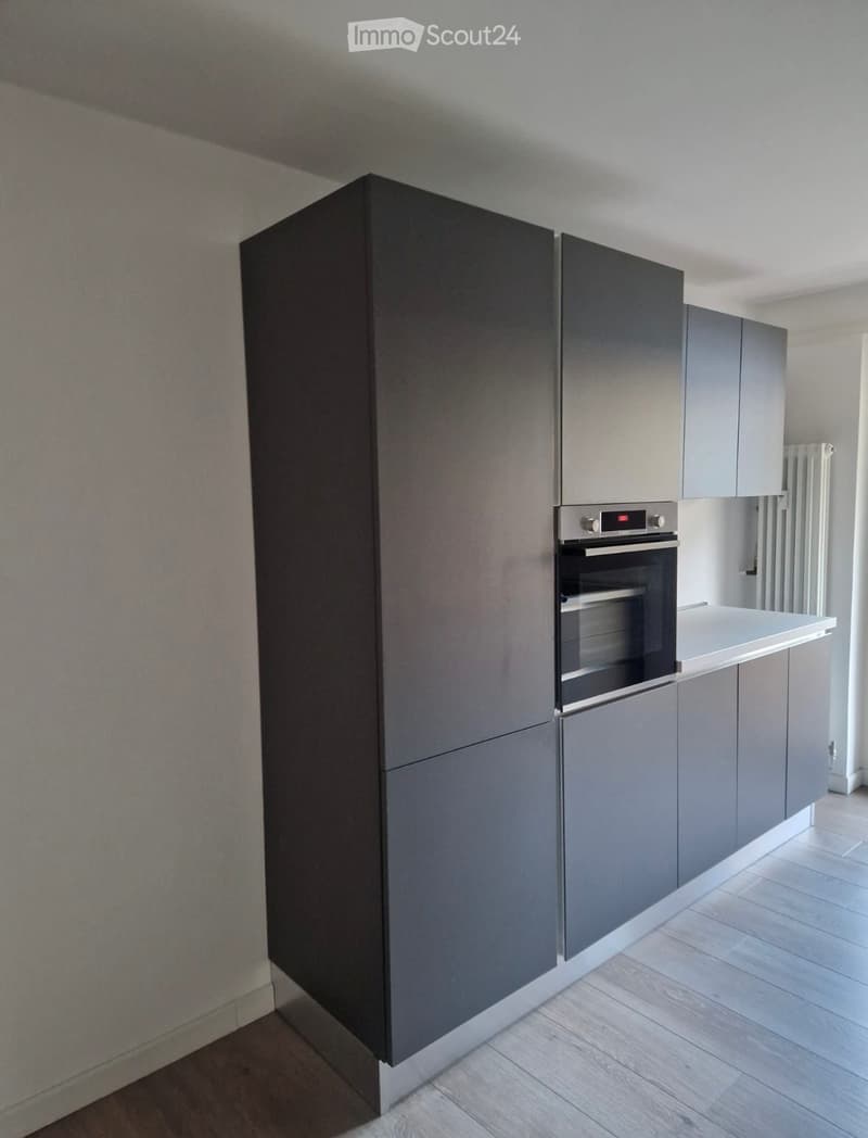 Modern kitchen with grey cabinets, a built-in oven, and light wooden flooring.