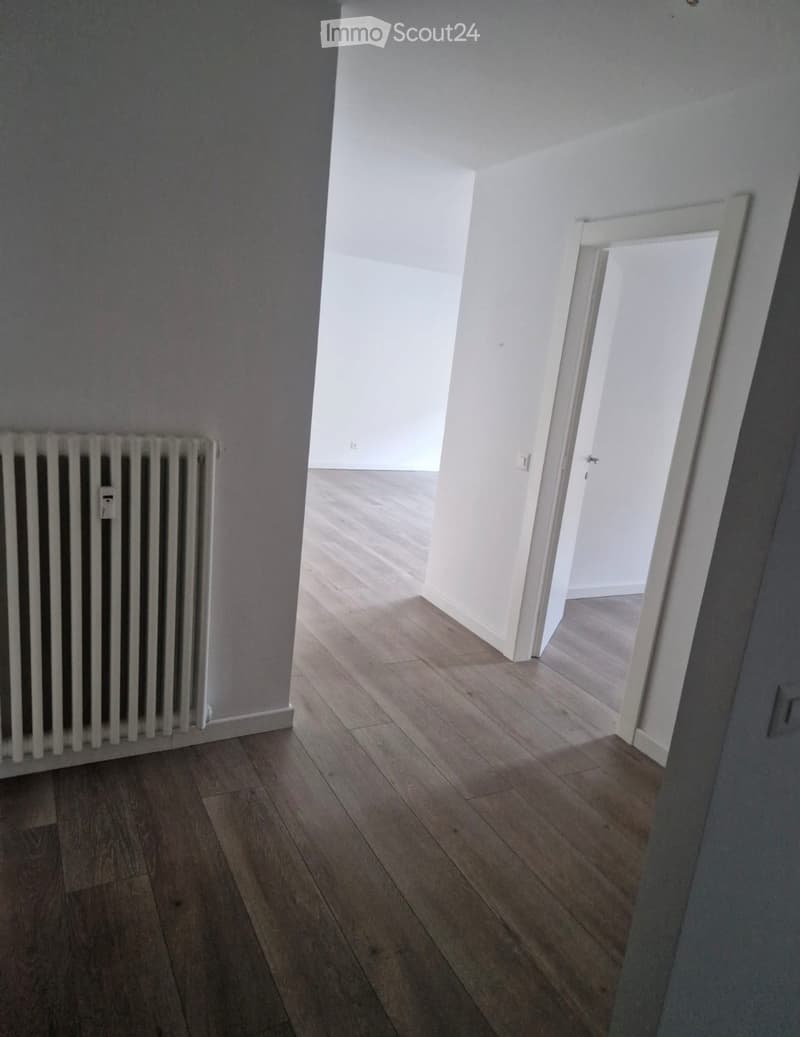 Empty room with wooden flooring and white walls, featuring a radiator on one wall and an open doorway leading to another room.
