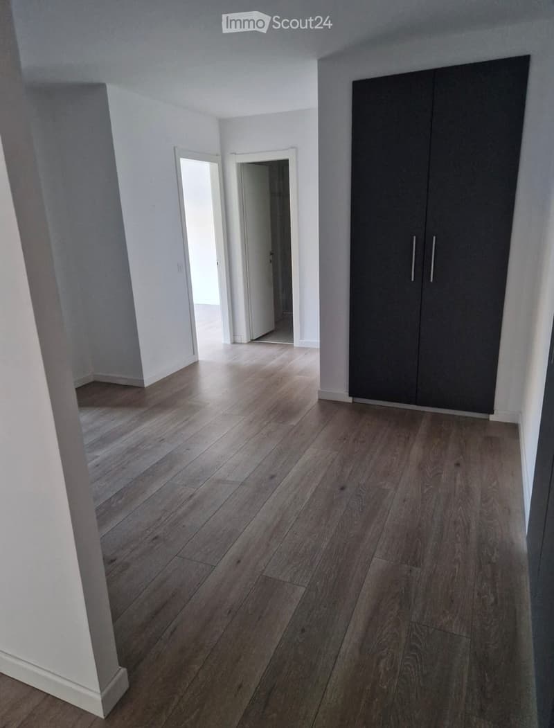 Empty room with wooden flooring, white walls, and a large dark wardrobe with silver handles. Two open doorways lead to other spaces.