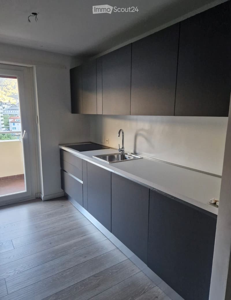 Modern kitchen with grey cabinets, a stainless steel sink, and a view of the city through a large window.
