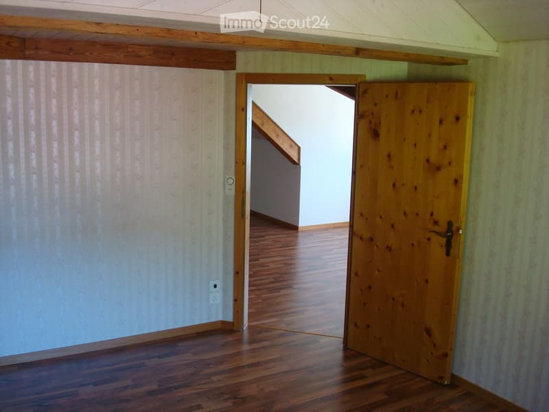 wooden door, wooden floors, wall, open door to another room, staircase