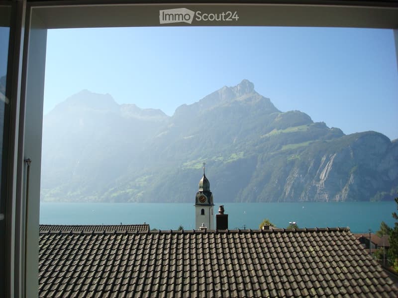 View from window: lake, mountains, tower with clock