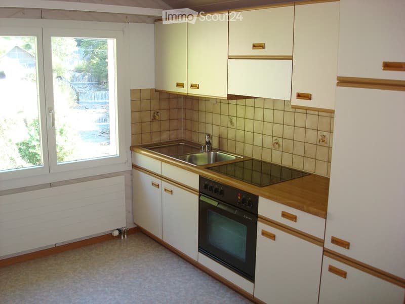 White kitchen with wooden counter tops, electric oven, double sink, white cabinetry, heating radiator