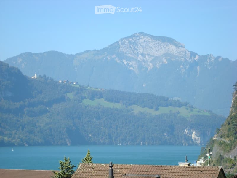 Lake, mountains, trees, houses