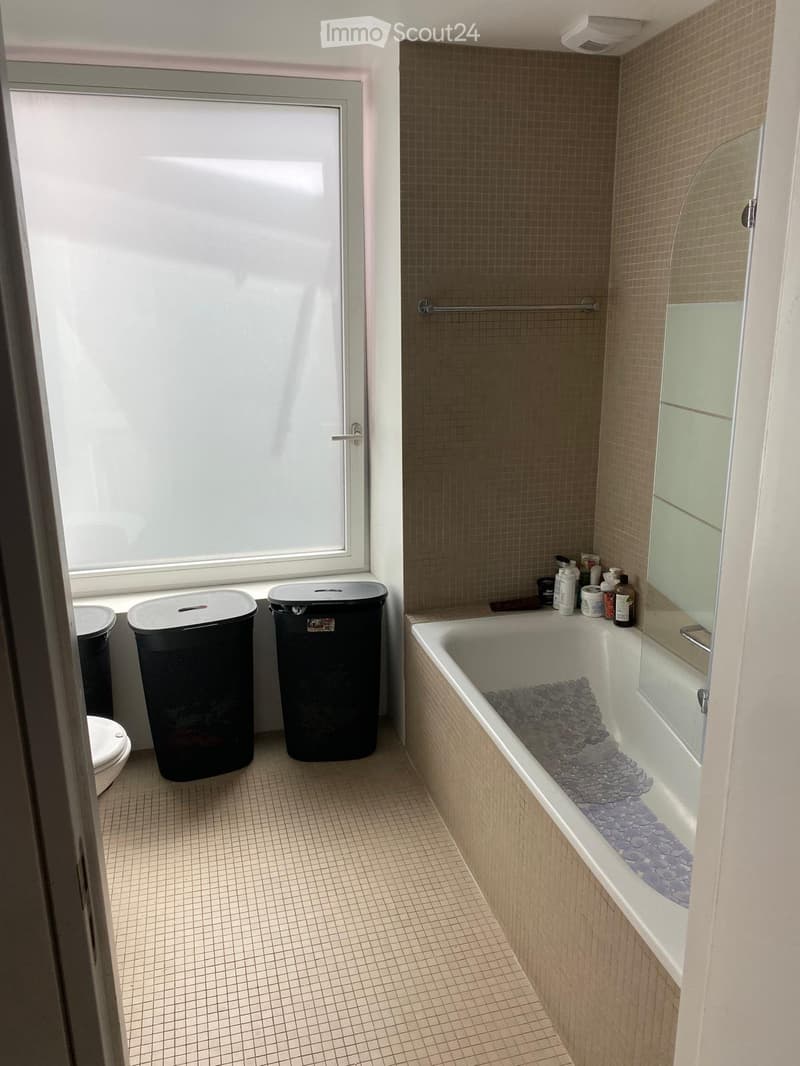 Bathroom with tiled walls and floor, bathtub filled with water and stones, toilet, and trash bins near the window.