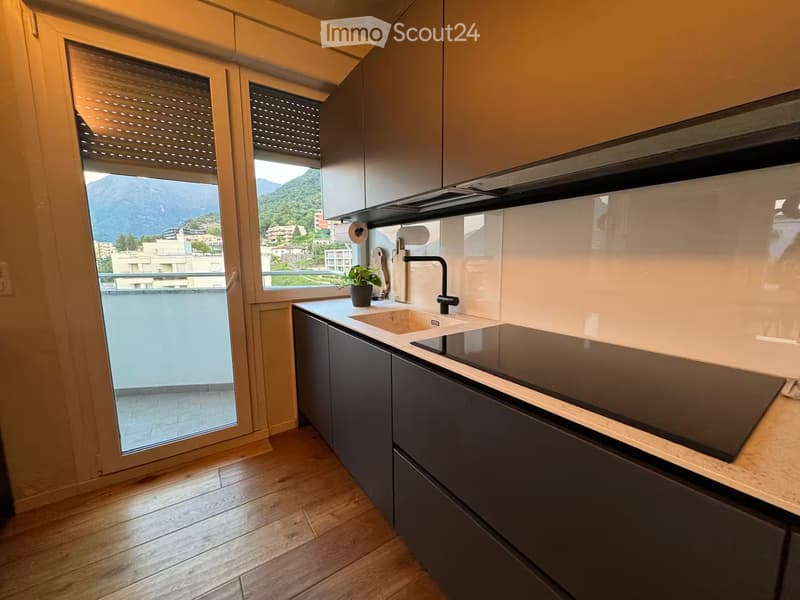 Modern kitchen with dark cabinets, a countertop, a sink, and a view of the mountains through large windows.