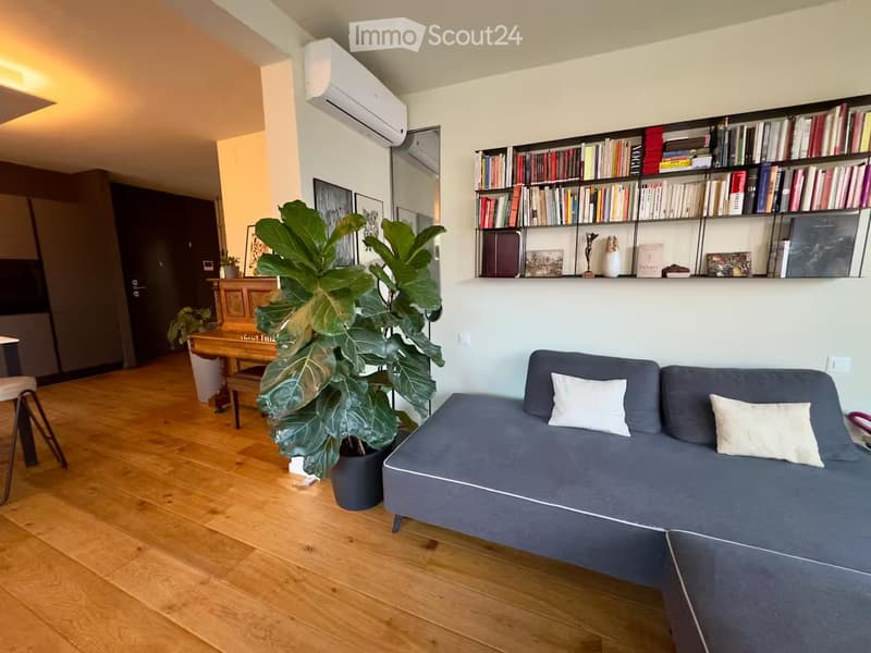 Modern living room with a grey sofa, white throw pillows, a large potted plant, a bookshelf filled with books and decorative items, a small wooden table, and a stool.