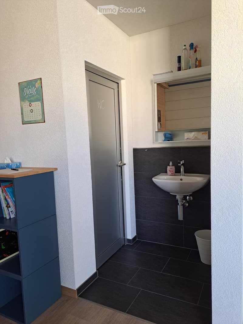 Modern bathroom with dark tiled floor and walls, white sink, mirror, and cabinet. Includes a small shelf with cleaning supplies and a calendar on the wall.